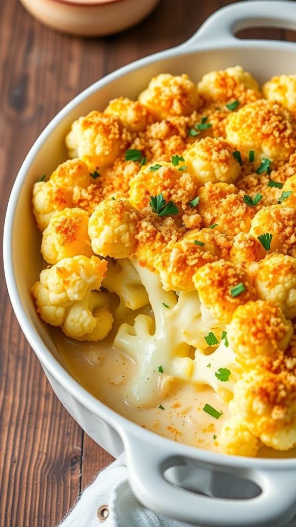 Baked Cauliflower with Cheese Sauce Recipe Baked cauliflower with cheese sauce in a casserole dish, garnished with parsley on a wooden table.